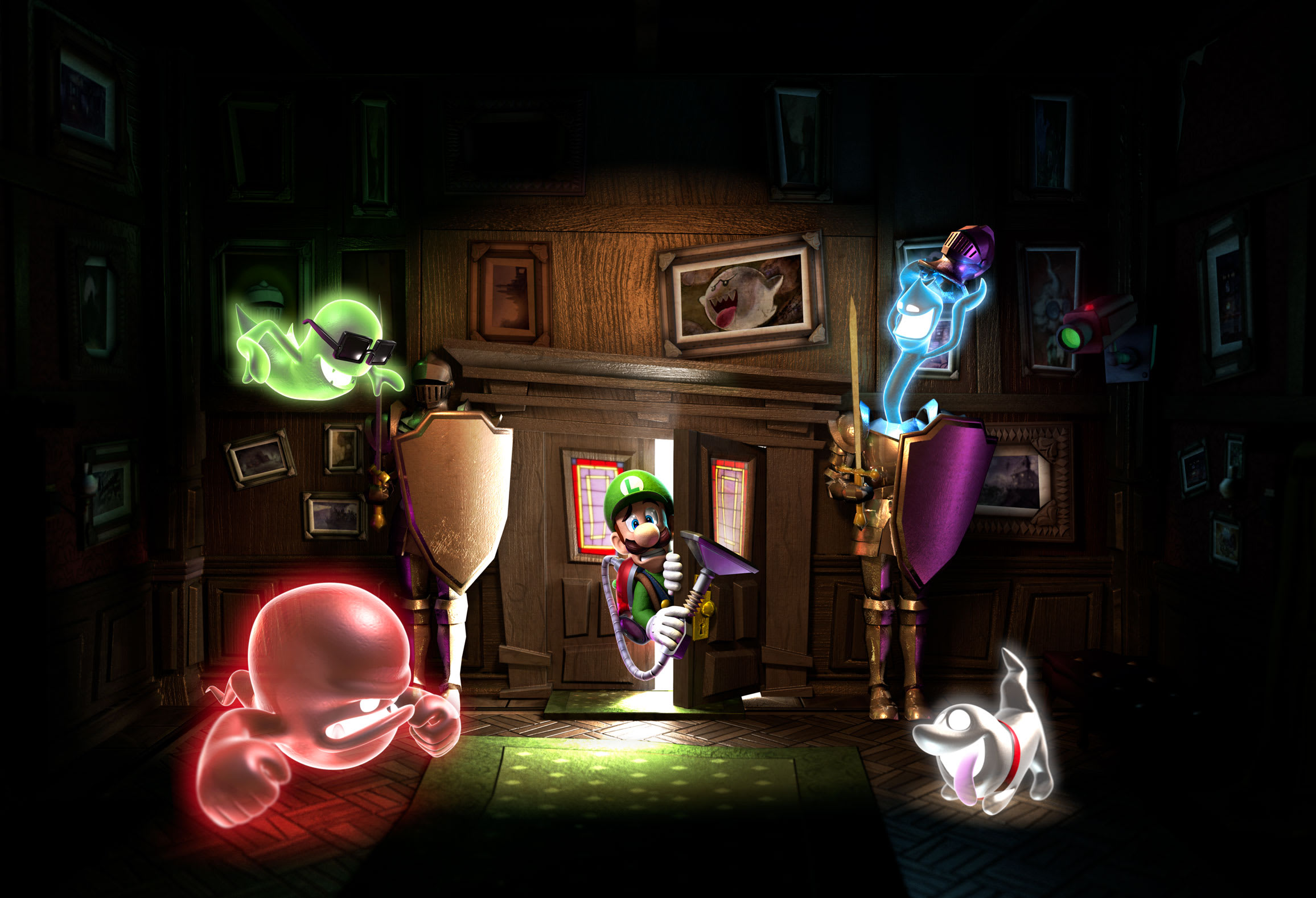 A scared Luigi carefully enters a room inside a mansion. The room is full of mischievous ghosts.