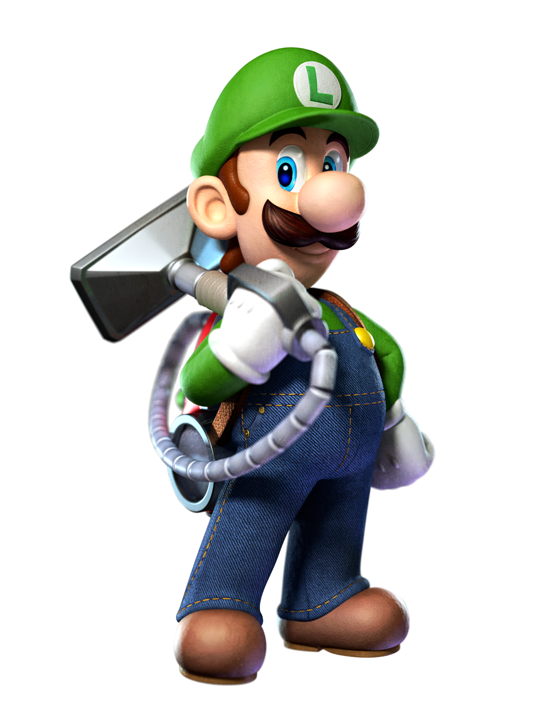 Luigi poses heroically with the handle of the Poltergust 5000 resting on his shoulder.